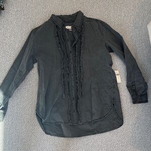 Anthropologie Black Ruffle Button-Up Top